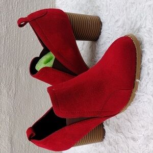 Joli Jolimall Red Faux Suede Almond Toe Round Stacked Heel Slip On Ankle Boot